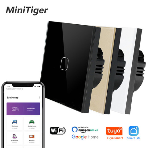 Minitiger – interrupteur mural tactile WIFI, 4 couleurs, panneau en verre cristal, 1/2/3 voies, Standard EU/UK, commande Tuya app, éclairage sans fil ► Photo 1/6