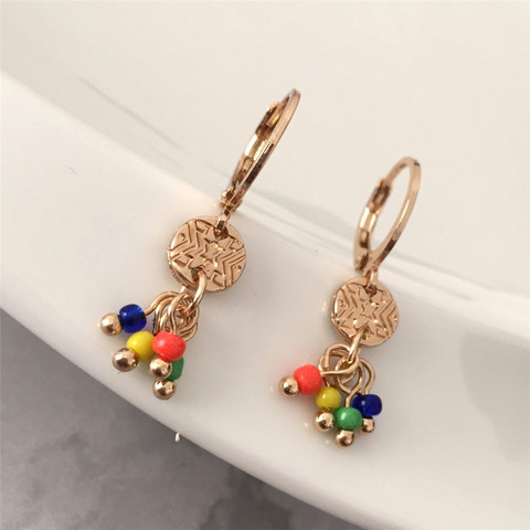 Boucles d'oreilles en forme de goutte, mignon, anneau de 13mm avec disque de texture de 7mm et perles colorées, boucles d'oreilles pendantes pour dames, meilleur cadeau, nouvelle mode 2022 ► Photo 1/6