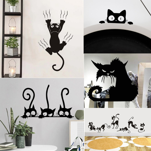 Créatif paresseux chat noir autocollant mural maison chambre décoration peintures murales autocollants muraux Art papier peint Amimals vinyle autocollants ► Photo 1/6