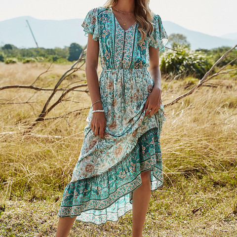 Robe Maxi à fleurs, style Boho, tissu imprimé floral, bouton, manches évasées, ample, tenues décontractées, vêtements de soirée, costume de plage, été ► Photo 1/6