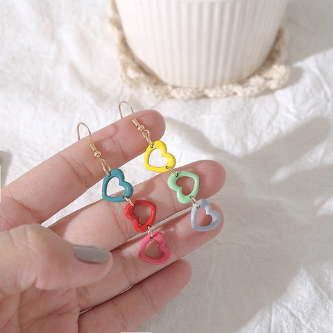 Boucles d'oreilles longues et colorées en forme de cœur pour femme et fille, bijoux coréen asymétriques, couleur arc-en-ciel, couleur pêche, cadeaux ► Photo 1/6