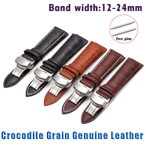 Bracelet de montre à boucle papillon en cuir véritable Crocodile, bracelet de montre 12 13 14 15 16mm 17 18mm 19mm 20mm 21mm 22mm 24mm ► Photo 1/6