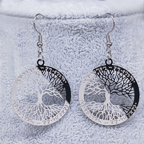 2022 mode sorcellerie arbre de vie en acier inoxydable goutte boucle d'oreille femmes couleur argent boucles d'oreilles bijoux aros mujer oreja E1446S02 ► Photo 1/6