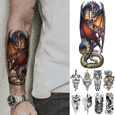 Autocollant de tatouage temporaire étanche, faux tatouage pour hommes et femmes, style Dragon Knight, Spitfire, tigre, hibou, loup, Art corporel, pour bras ► Photo 1/6