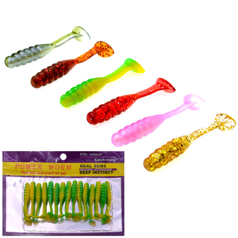 Leurre de pêche vis T queue Grub 15 pièces sac double couleur poisson appât souple artificiel ver leurres 5cm 1.5g ► Photo 1/6