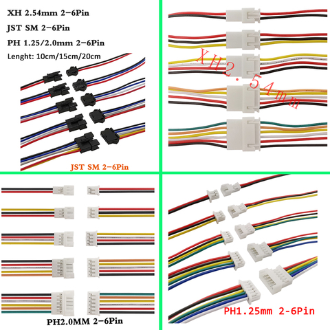 Connecteur Jack mâle femelle JST/PH/XH/SM, 5 paires/10 pièces, pas de 1.25mm 2.0mm 2.54mm, avec fil 2/3/4/5/6 broches, longueur 10CM 15CM 20CM ► Photo 1/5