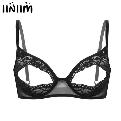 Iiniim femmes Lingerie érotique chaude Sexy ouvert mamelon soutien-gorge Sissy pure dentelle florale Barlette Push Up nuisette hauts de soutien-gorge Femme étagère soutien-gorge ► Photo 1/6