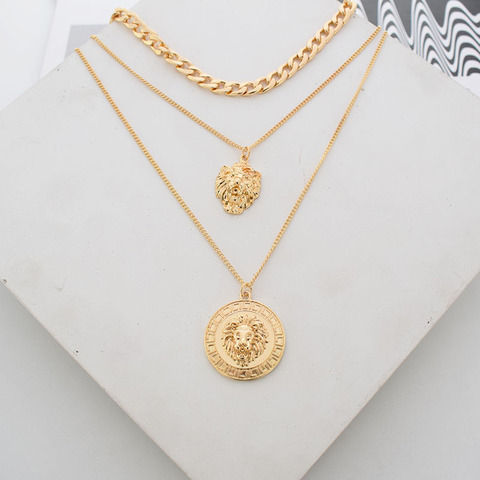 Punk Style déclaration métal or couleur chaîne Multi couche colliers Lion motif rond pièce pendentif collier pour les femmes fête 2022 ► Photo 1/5