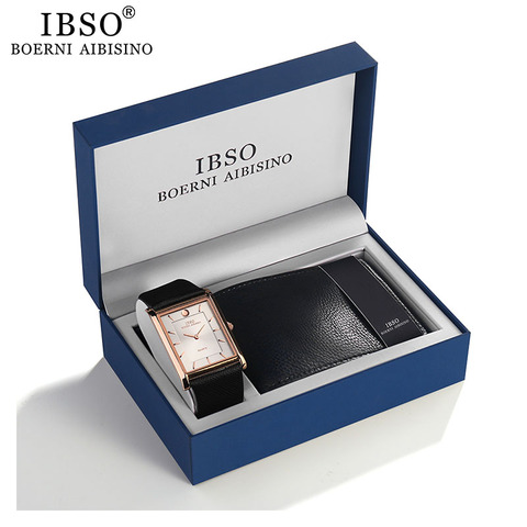 IBSO-ensemble de montre à Quartz pour hommes, portefeuille, Ultra-fin Rectangle, cadran, bracelet à Quartz en cuir véritable, ensemble cadeau, 7MM ► Photo 1/6