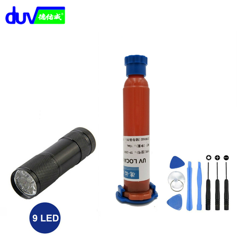 DUV 10ML TP-2500 LOCA colle UV liquide adhésif transparent optique + 9 LED lampe de poche UV + 8-en-1 LCD écran tactile outil d'ouverture ► Photo 1/6