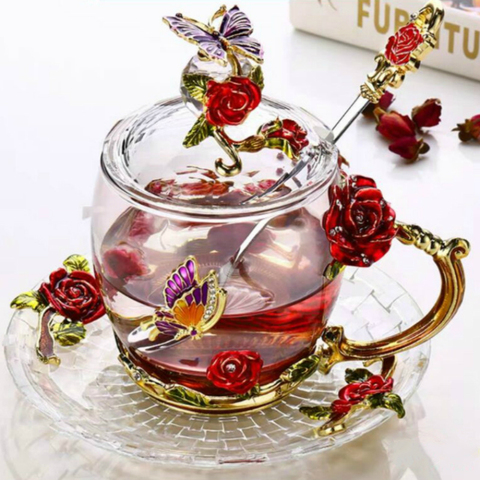 Tasses à café en verre émaillé Rose rouge, tasses à thé et à thé, verres résistants à la chaleur faits à la main, tasse d'eau, verres, cadeau d'amoureux, tasse de mariage ► Photo 1/6