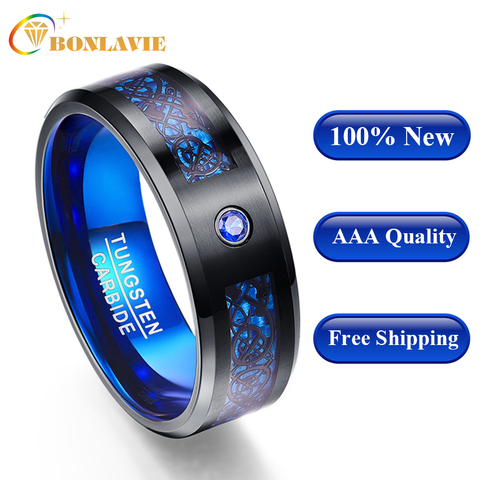 Bague en carbure de tungstène pour hommes, anneau en Fiber de carbone, Zircon bleu, Dragon noir, nouvelle collection, 100% ► Photo 1/6