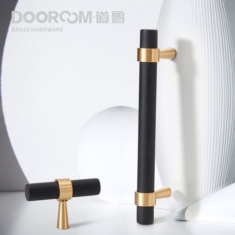 Dooroom – poignées de meuble en laiton, barre en T, design de luxe, disponible en noir et en or, idéale pour placard, commode, armoire, tiroirs ► Photo 1/6