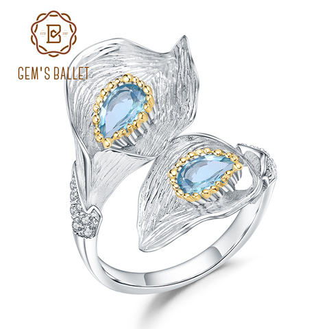 GEM'S BALLET 1.25C – bague en topaze suisse bleue naturelle, en argent Sterling 925, feuille de lys, ajustable à la main, Bijoux pour femmes ► Photo 1/6