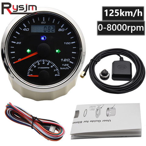 Compteur de vitesse GPS pour voiture de bateau, 85mm, 125 km/h avec tachymètre, 0-8000rpm, faisceau haut gauche/droit avec antenne GPS 12/24V pour moto yacht ► Photo 1/6