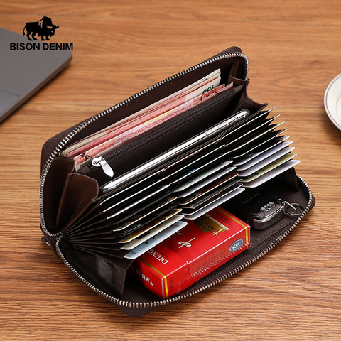 BISON-portefeuille en cuir véritable pour hommes, avec poche à fermeture éclair, pour porte-monnaie, couverture de passeport pour hommes, blocage RFID, portefeuille porte-cartes W8226 ► Photo 1/6