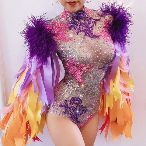 Mode scène usure ruban bande plume manches strass body femmes discothèque Bar tenue de fête Performance danse Costume ► Photo 1/6