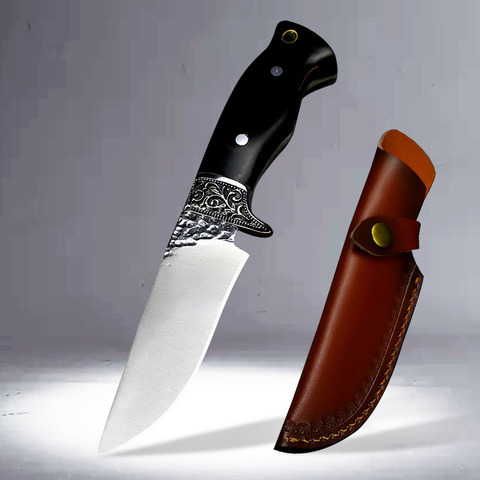 Couteau japonais léger intégré miroir, couteau de chasse droit tactique + étui en cuir ► Photo 1/6