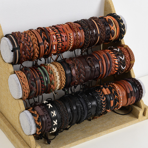 Bracelets manchettes en cuir pour hommes et femmes, bijoux cadeaux de fête, mélange de Styles, taille réglable, vente en gros, 36 pièces/lot ► Photo 1/6