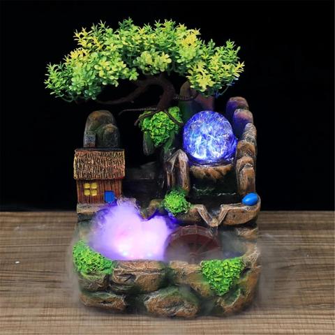 Lumières LED en aérosol résine factice arbre cascade d'eau qui coule fontaine avec brouillard Figurines décor de bureau ► Photo 1/6