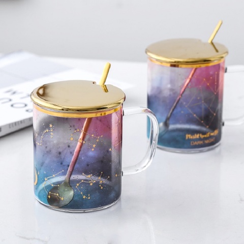 Tasse à lait en verre avec cuillère et couvercle, style dessin animé, changement de couleur, créatif, pour étudiant, Thermos ciel étoilé ► Photo 1/5