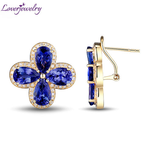 Loverbijoux solide 14k véritable or jaune diamant naturel poire 7x9mm Tanzanite pierres précieuses de mariage boucles d'oreilles pour les femmes cadeau ► Photo 1/6