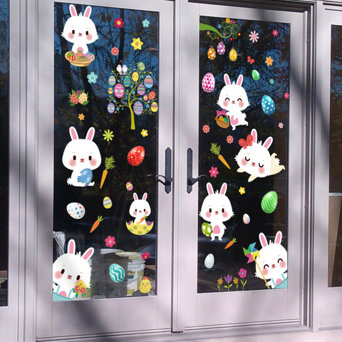 Heureux pâques lapin oeuf électrostatique autocollant fenêtre verre pas de colle réfrigérateur autocollant décoration de la maison centre commercial pâques Stickers muraux ► Photo 1/6