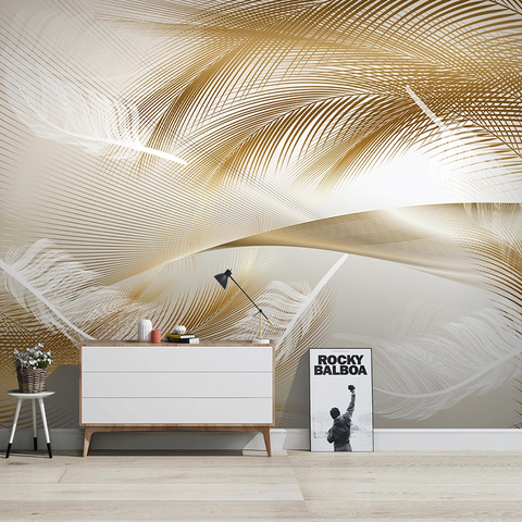 Papier peint d'art moderne 3D avec plumes dorées, lignes abstraites, Photo murale, pour salon, TV, canapé, chambre à coucher, décoration De maison ► Photo 1/6