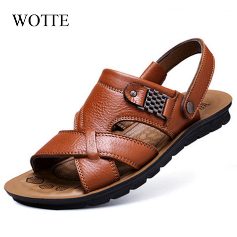 Sandales en cuir véritable pour hommes, chaussures classiques d'été, sandales de marche romaines douces, grande taille 48 ► Photo 1/6