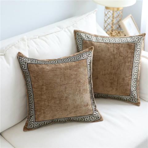 Housse de coussin brodée en velours brun et gris, taie d'oreiller décorative pour la maison, pour canapé, 45x45/60x60cm ► Photo 1/6