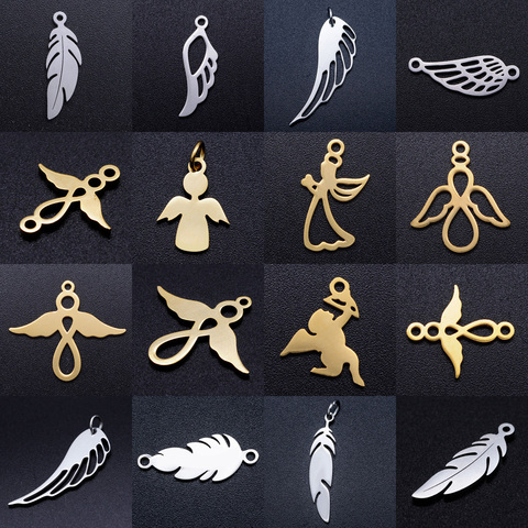 5 pcs/lot ange aile bricolage breloques en gros 100% en acier inoxydable anges cupidon connecteurs charme bohême en cuir bijoux pendentif ► Photo 1/6