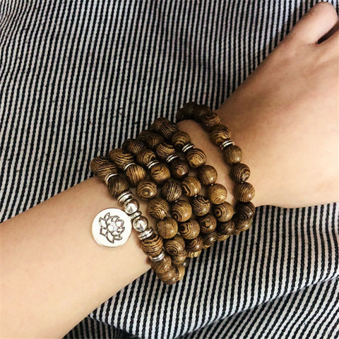 Bracelet Lotus OM, perles en bois multicouches, charme bouddhiste tibétain Mala bouddha, bijoux chapelet de Yoga en bois pour hommes et femmes, 108 ► Photo 1/6