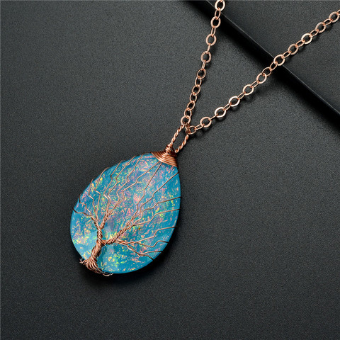 Pendentif en résine bleue, en plastique, goutte d'eau, collier en cristal de guérison, fait à la main arbre de vie enveloppé de fil de cuivre ► Photo 1/6