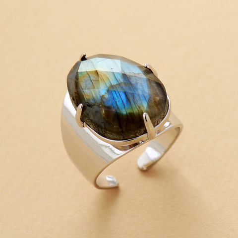 Grandes bagues en pierre naturelle, bijoux haut de gamme, bague de Cocktail de fête de luxe en Labradorite, taille 7 ► Photo 1/6