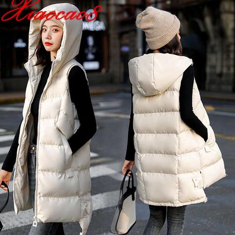 Gilet Long à capuche en coton pour Femme, Gilet sans manches, couleur unie, grande taille, collection automne hiver 2022 ► Photo 1/6