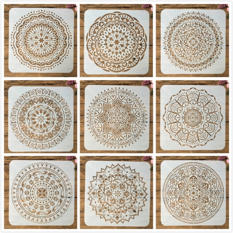 9 pièces/paquet 15*15cm Mandala géométrie ronde bricolage pochoirs de stratification peinture Scrapbook coloriage gaufrage Album modèle décoratif ► Photo 1/6