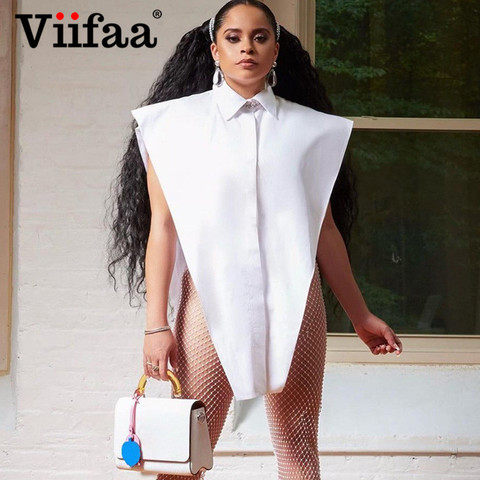 Viifaa nouveauté hauts Sexy découpé côté bouton chemise blanche femmes mode vêtements sans manches chemises surdimensionnées ► Photo 1/6