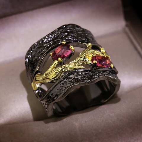 Bague personnalisée en cristal rouge grenade 2022 naturelle, anneau plaqué or noir, bijoux de voyage pour fête de mariage, cadeau pour femmes ► Photo 1/4
