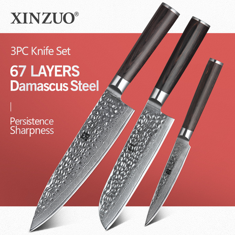 XINZUO couteaux de cuisine chinois, ensemble de couteaux en acier inoxydable, damas Chef Santoku, couteau utilitaire, outil de cuisine, manche en Pakkawood 3 pièces ► Photo 1/6