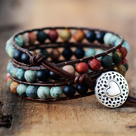 Vintage En Cuir Bracelets 6mm Mat Pierre 3 Brins Wrap Bracelets Tissé Multicouche Boho Bracelet Fait Main Bijoux Dropship ► Photo 1/6