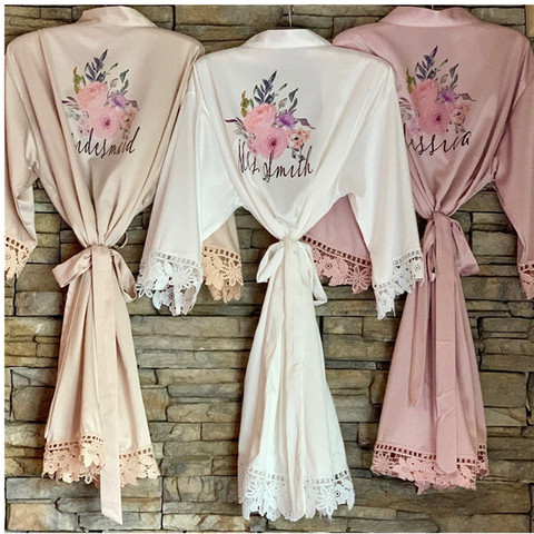 Robe de douche de mariée en satin rose poussiéreuse motifs floraux, personnalisé, robe de nuit, demoiselle d'honneur, cadeau de bain, souvenir de mariage ► Photo 1/6