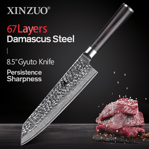 XINZUO couteau de cuisine japonais, Kiritsuke Gyuto couteau de cuisine japonais en acier damas VG10 couteaux de Chef, manche en Pakkawood 8.5 