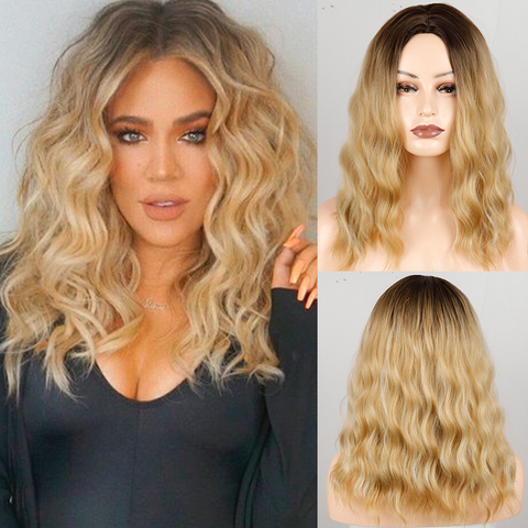 Mode femme moyen Long ondulé Blond perruque Ombre Blond brun synthétique résistant à la chaleur fibre perruque pour les femmes ► Photo 1/6