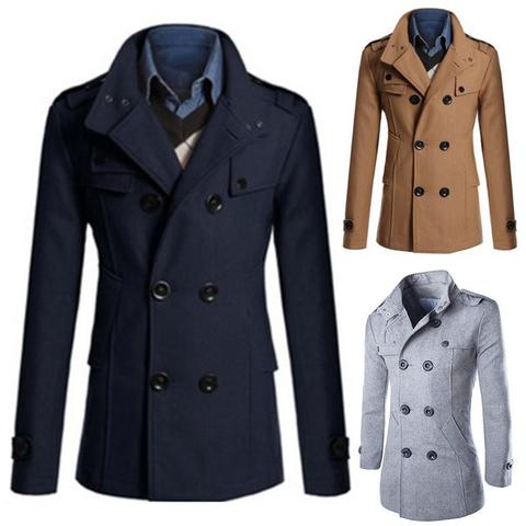 Élégant hommes hiver col montant à manches longues Double boutonnage laine Trench manteau hommes couleur unie Stand-up bouton-down cape veste ► Photo 1/6