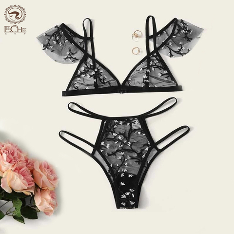 Ensemble de Lingerie Sexy en dentelle pour femmes, 3 couleurs, soutien-gorge et culotte brodés, culotte tanga ► Photo 1/6