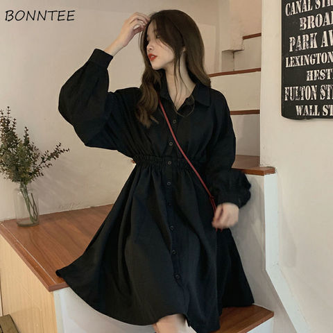 Robe coréenne à taille élastique pour femmes, vêtement d'été Simple, noir, manches lanternes, tendance, Preppy ► Photo 1/6