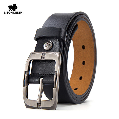 Ceinture en DENIM BISON pour hommes, en cuir de vache véritable avec boucle à broches, ceinture de luxe pour hommes, classique, Vintage et de haute qualité, W71486 ► Photo 1/5