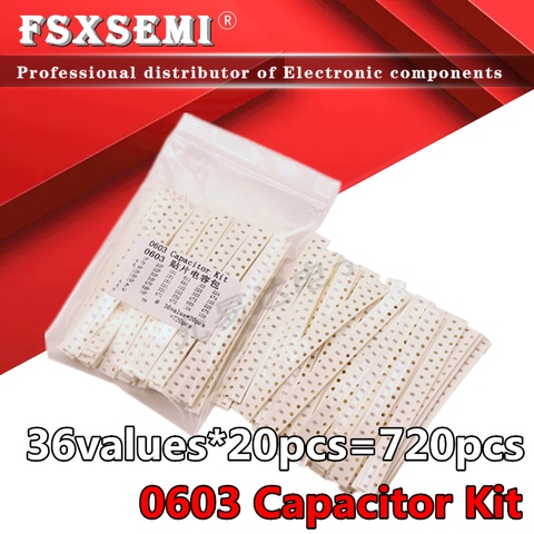 36 valeurs X20pcs = 720 pièces 1pF ~ 10uF 0603 condensateur SMD kit assorti condensateurs échantillons Kit kit de bricolage électronique ► Photo 1/2