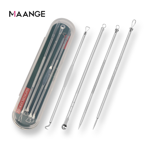 MAANGE – Kit d'élimination des points noirs en acier inoxydable 4 pièce/ensemble, aiguilles, extracteur de boutons, outil de nettoyage du visage, cosmétique ► Photo 1/6