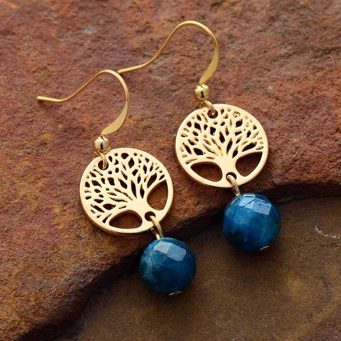 Boucles d'oreilles en Apatite pour femmes, breloques d'arbre, couleur or, goutte, bijoux en pierre naturelle bohème, cadeaux, livraison directe ► Photo 1/5